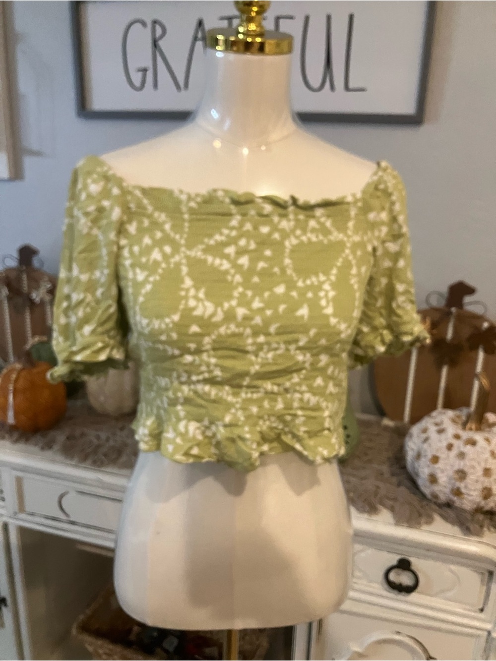 SO Lime Green Off-Shoulder Smocked Crop Top with White Print